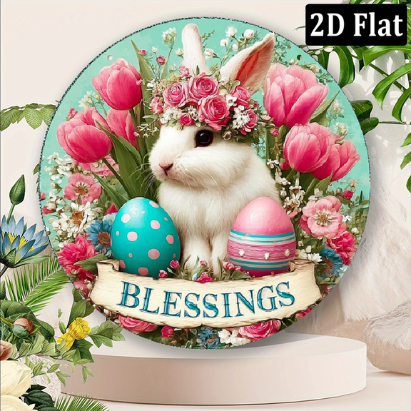 2D Flat, 1pc Vintage Easter Bunny Floral Metal Sign Round Iron Wall Decor with BLESSINGS Design, Decorative Signs & Plaques for Home Decoratio.8*8 inch