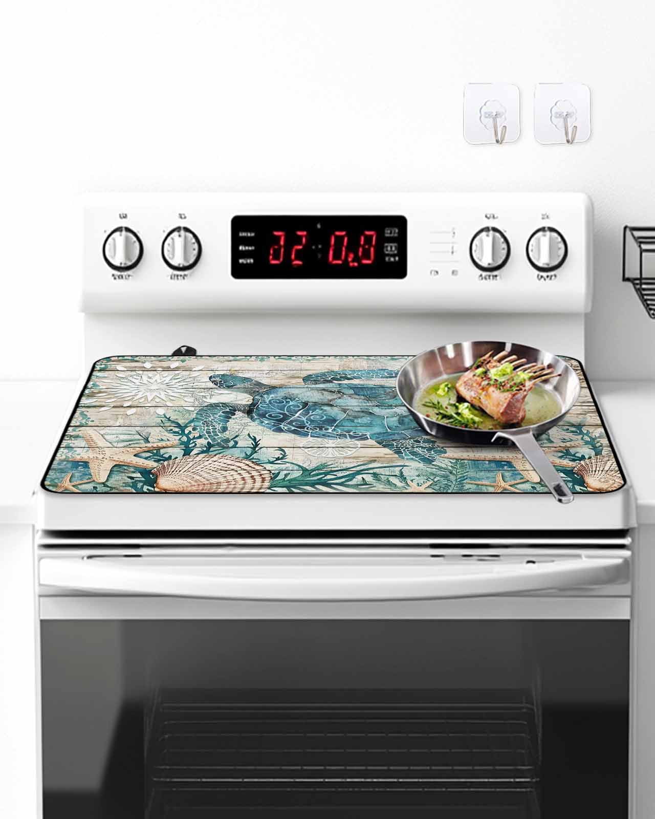 Stove Top Covers for Electric Stove, Teal Sea Turtle Coastal Glass Stovetop Cover Protector, Summer Beach Nautical Starfish Retro Induction Cooktop Protector Oven Mat for Kitchen Countertop 24"x21"