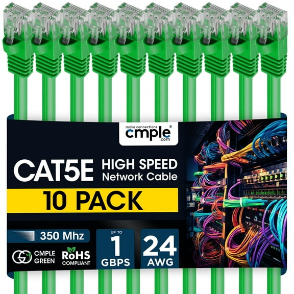 Cmple - 10 Pack Cat5e Ethernet Cable 15ft Computer Router Cables with RJ45 Connectors 1Gbps Ethernet Patch Cord 350Mhz Lan Wire - Green