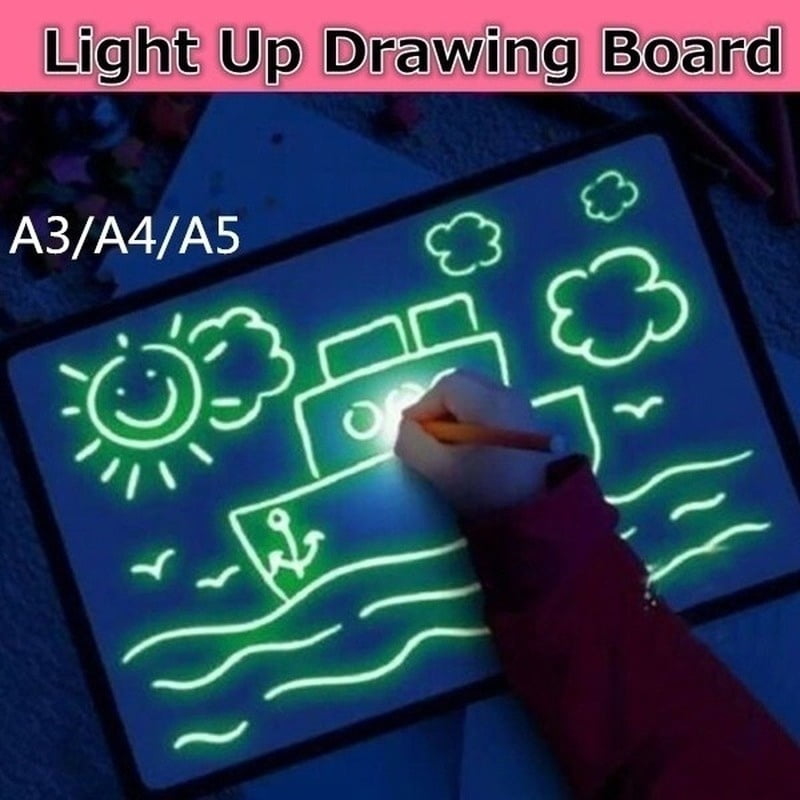 CAKKA Light Drawing Board for Kids 2-in-1 Erasable Board with 3 Color Pens and Magic Fluorescent Board with Light Pen and Pattern Sheet Draw with Light-Fun Developing Toy Board A4, 30x21cm