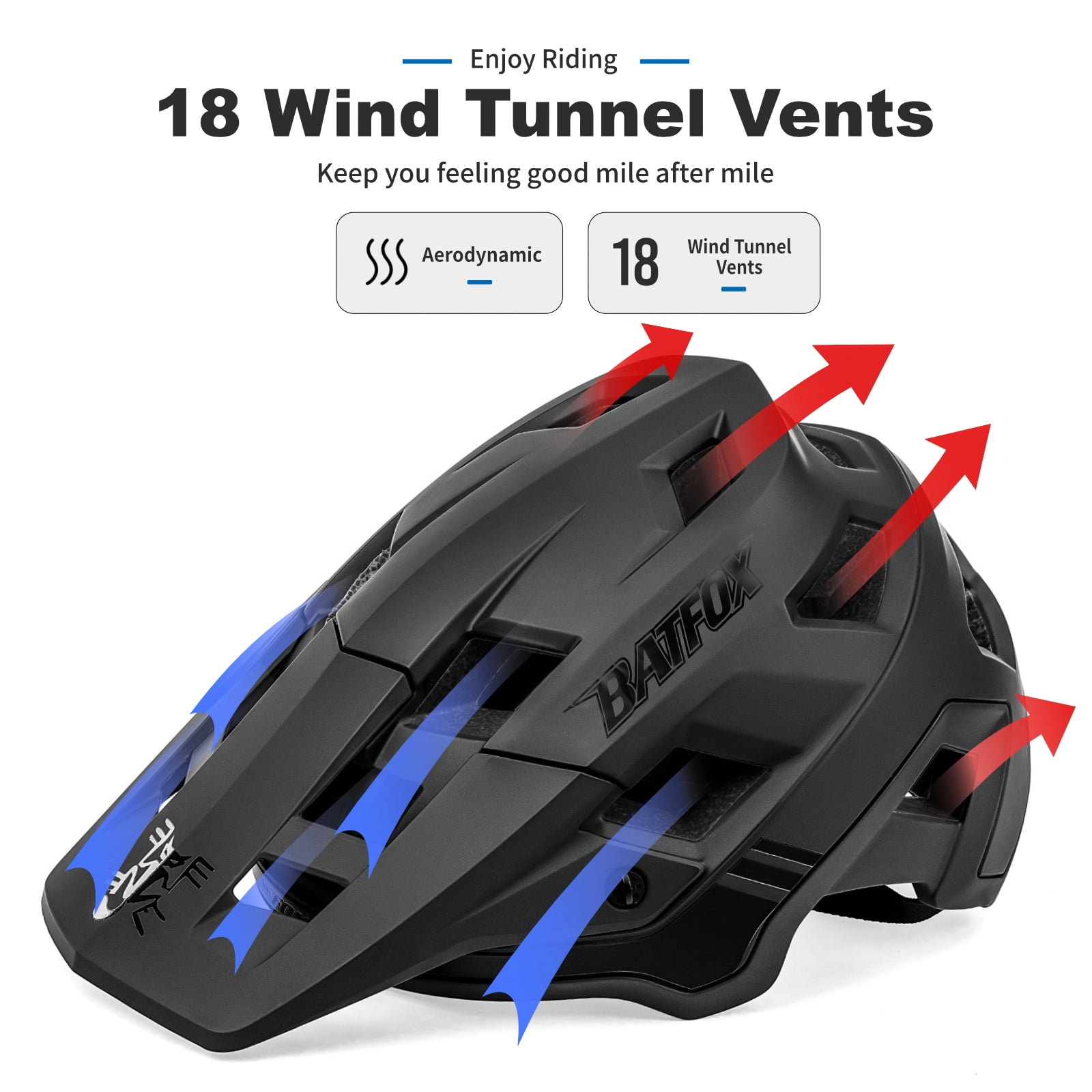 BATFOX MTB Helmet for Adults Men & Women, Adjustable Mountain Bike Helmet for Trail & E-Bike (Black,L)