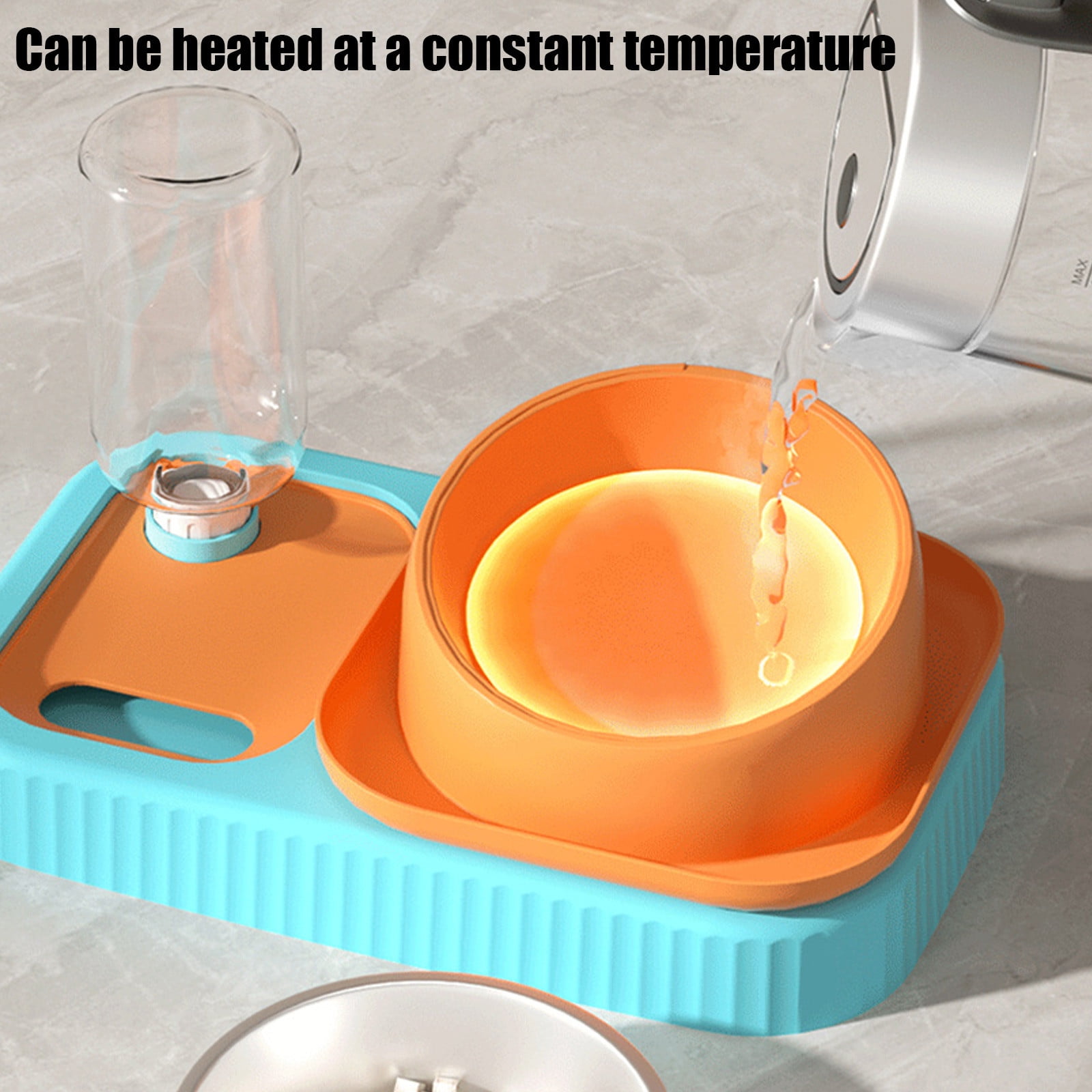 Orange Stainless Steel Double Bowl Pet Feeder Automatic Gravity Water Bowl Anti Tip For Cats Dogs Warm Water Heating