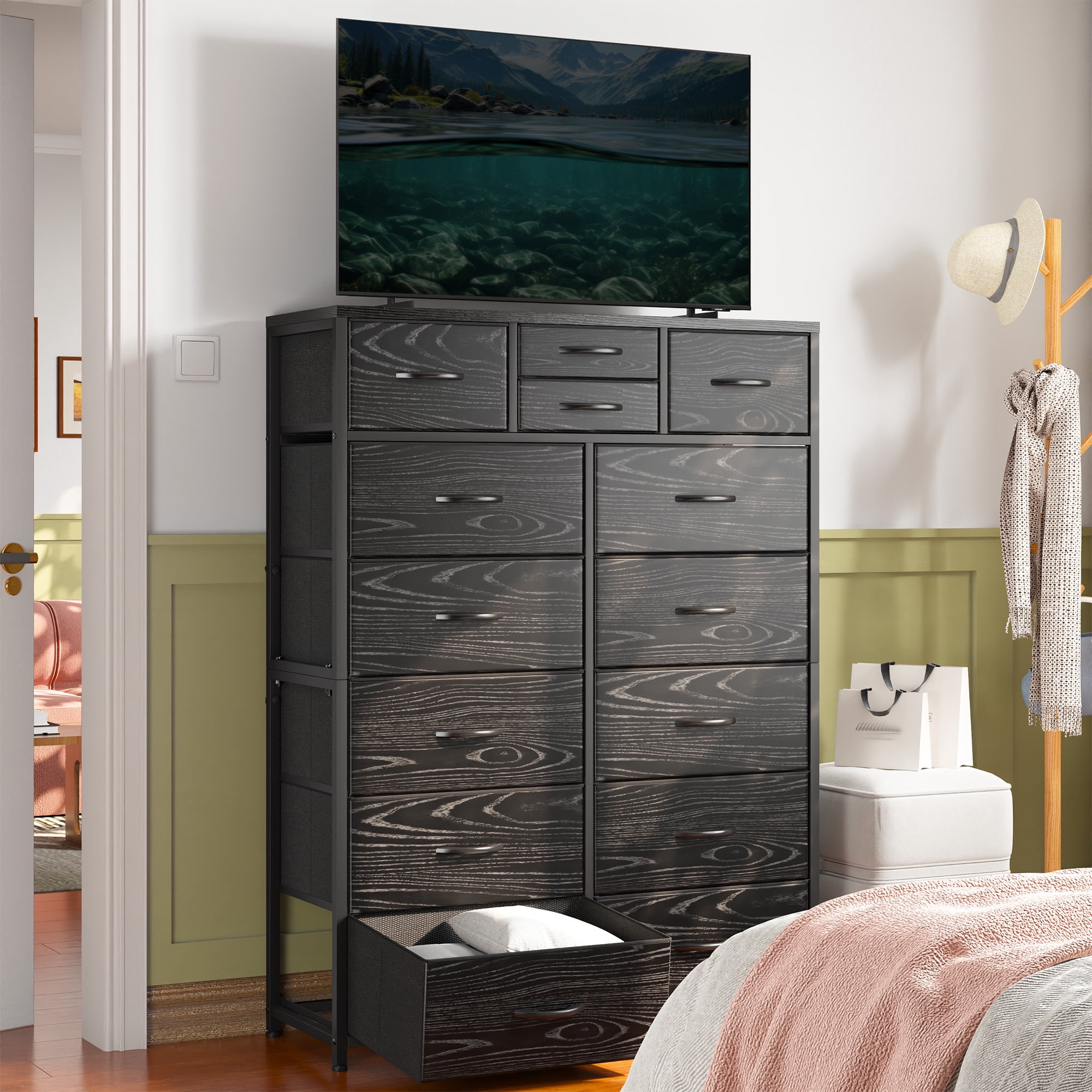 EnHomee Dressers for Bedroom with 14 Fabric Drawers Tall Dresser & Chests of Drawers Storage Tower for Living Room, Black