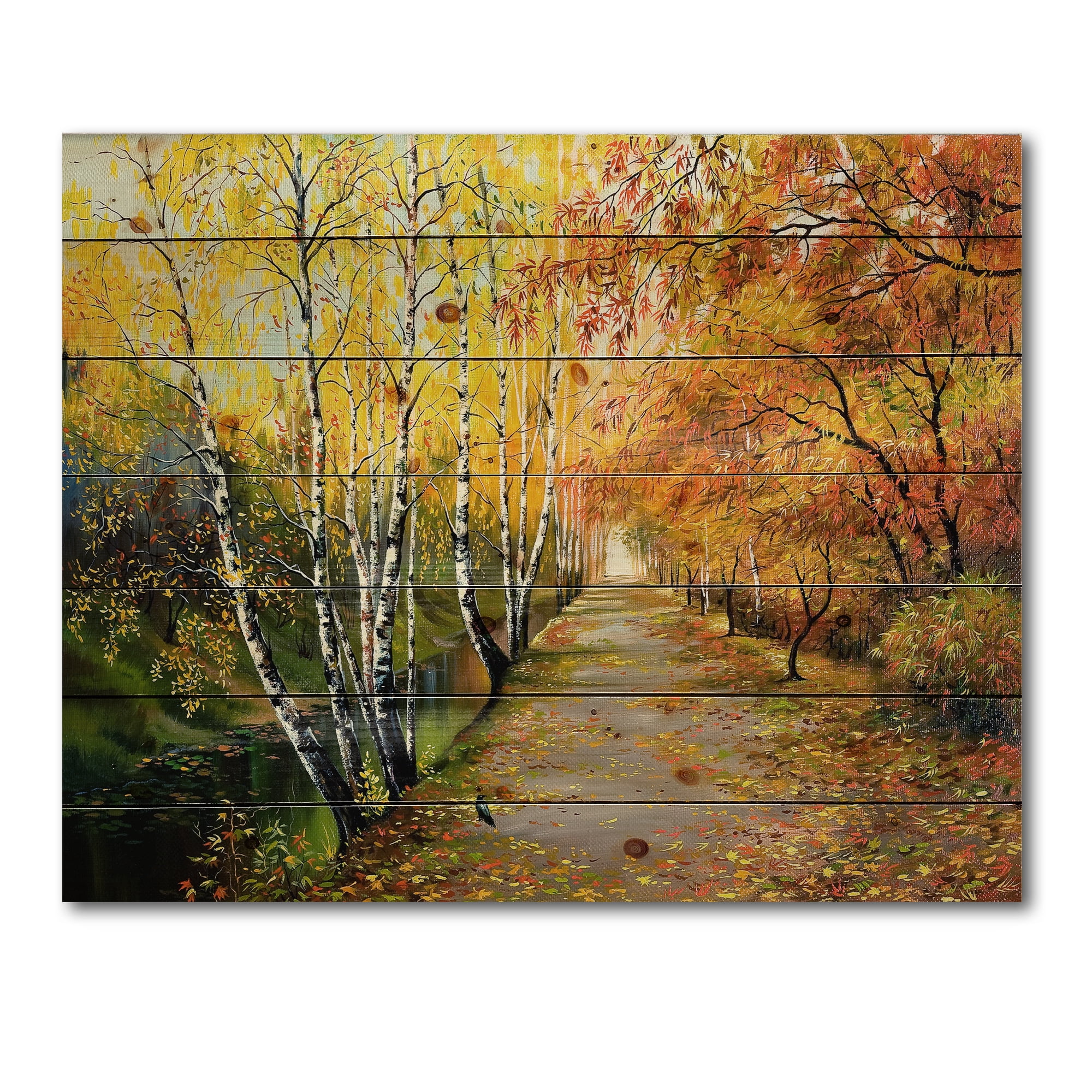 Designart 'Path Through The Autumn Woods Along River' Traditional Print on Natural Pine Wood