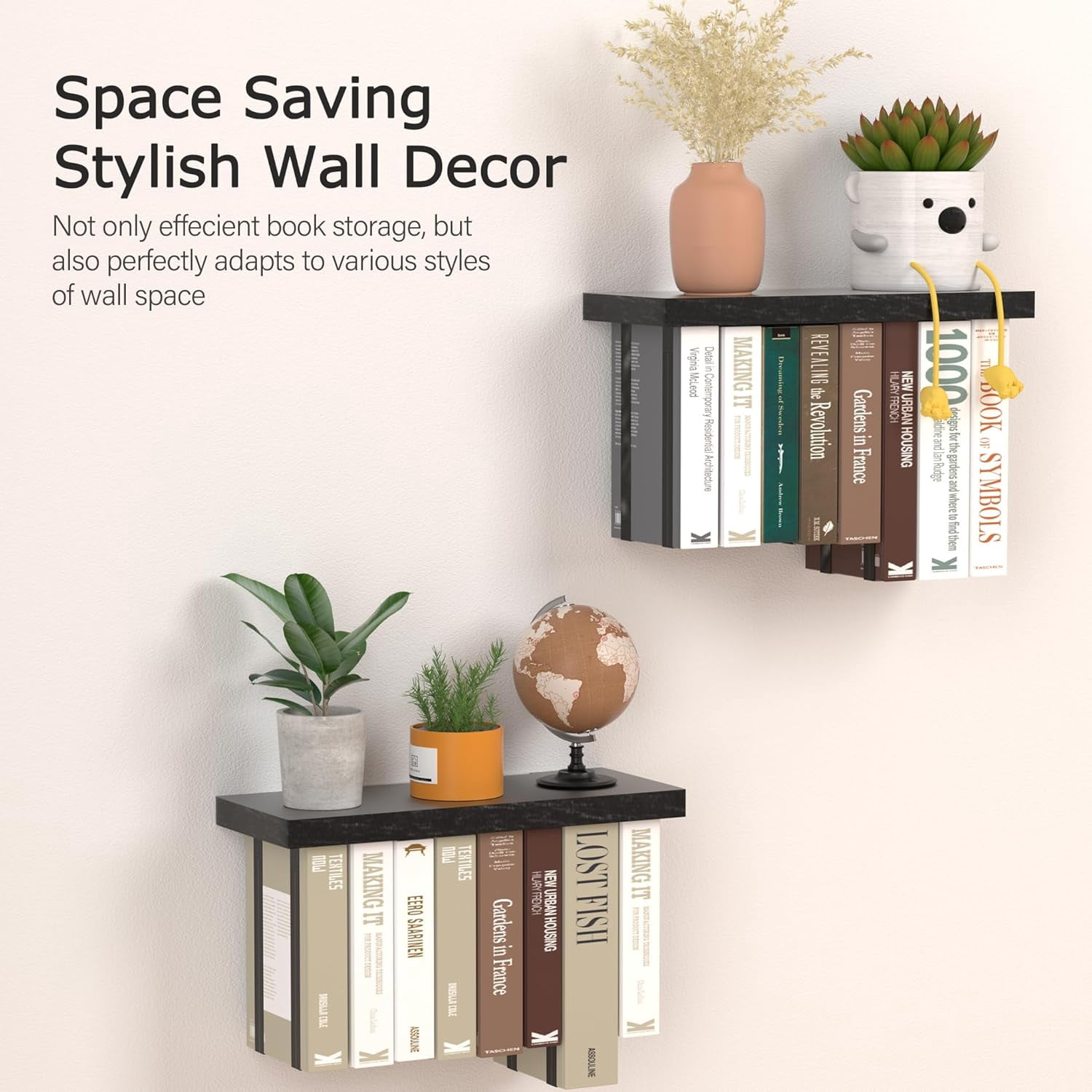 Floating Book Shelves for Wall Mounted Set of 2, Wood Hanging Bookshelf, Book Display Shelf for Wall, Unique Space Saving Book Shelf Wall Book Holder (Black)