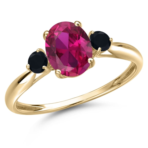 Gem Stone King 10K Yellow Gold Red Created Ruby and Black Onyx 3-Stone Ring for Women | 1.55 Cttw | Oval 8X6MM | Gemstone July Birthstone | Size 8