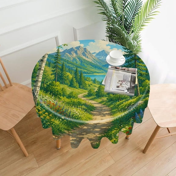RKSupls 60 Inch Round Tablecloth, Forest Path Lake Mountains Premium Polyester Straight Edge Wrinkle Resistant Washable Table Cover for Party Home Dining Decor