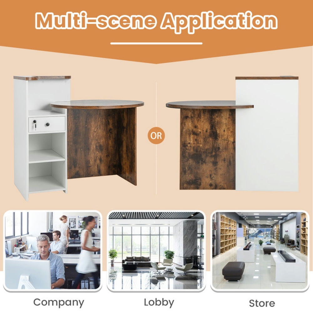 Demi Bonn Front Reception Office Desk with Open Shelf and Lockable Drawer, Small Home Computer Desk Study Writing Table, Brown + White