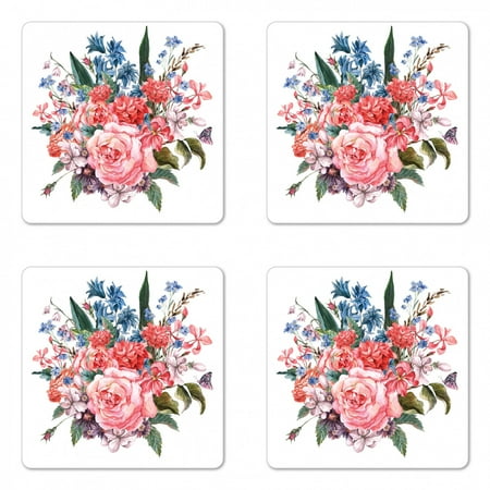 

Flower Coaster Set of 4 Bouquet of Garden Mountain Flowers with Roses and Daisises Buds and Leaves Print Square Hardboard Gloss Coasters Standard Size Multicolor by Ambesonne