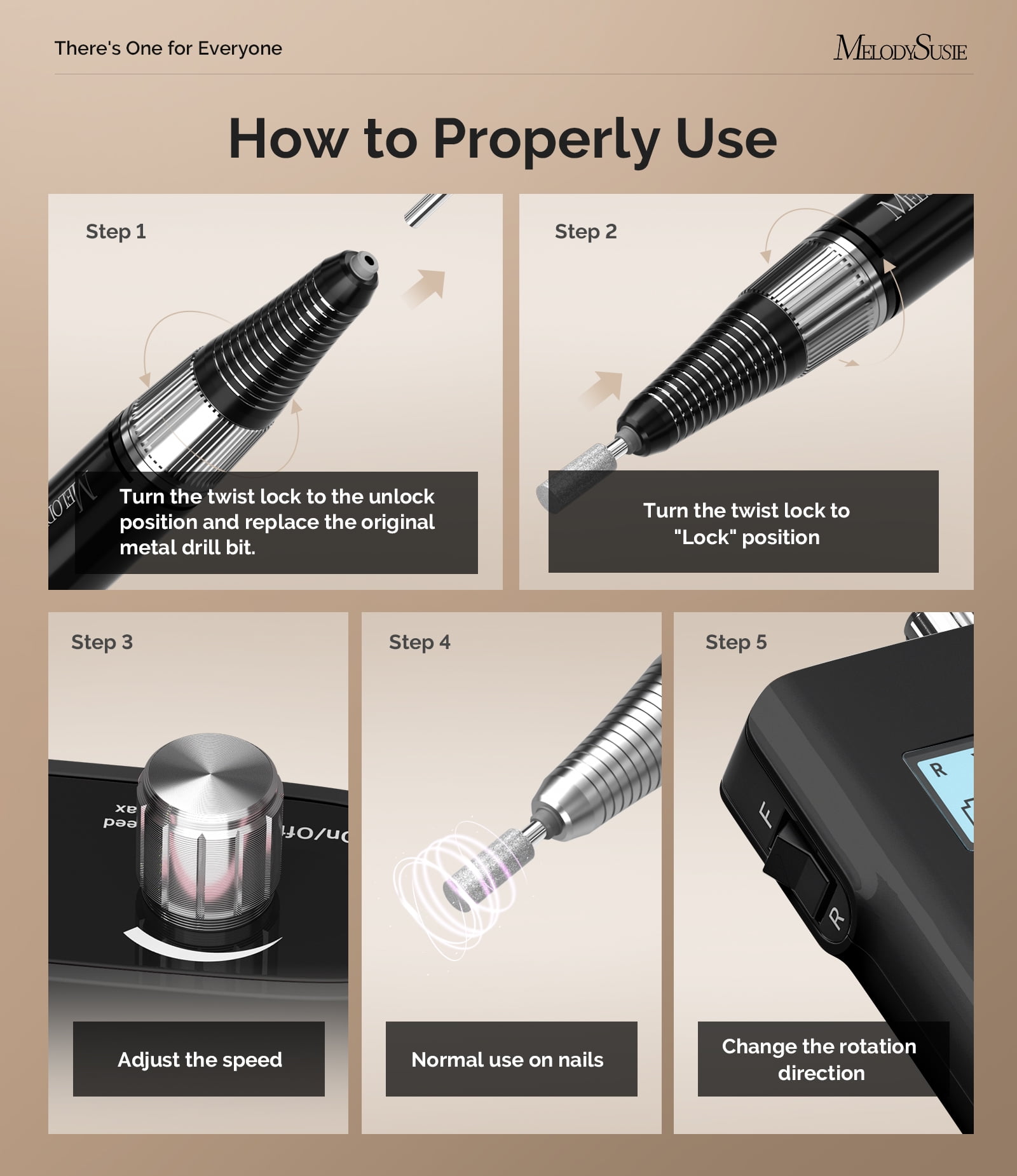 MelodySusie Professional Electric Nail Drill, 30000 RPM Portable Rechargeable Nail File for Acrylic Gel Polishing Manicure with Bits, SC320H-Black
