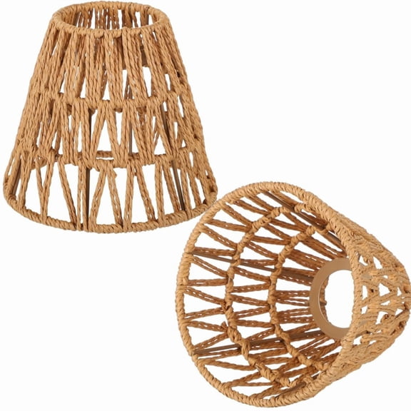 GIXUSIL 2Pcs Rattan Bell Lamp Shade Boho Handwoven Barrel Rattan Chandelier Shades Replacement for Table Floor Lamp Pendant Light Fixtures,Brown