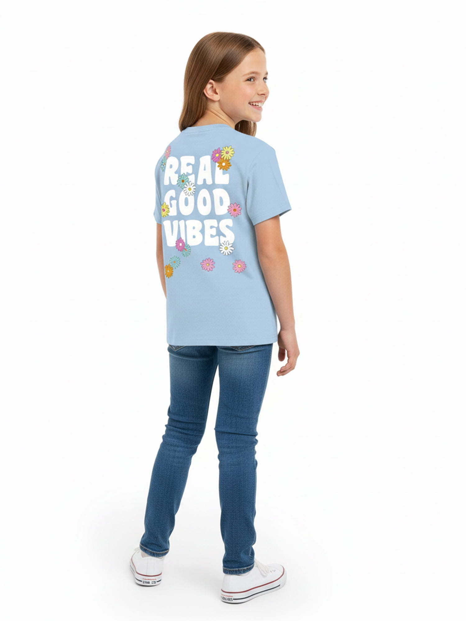 Wonder Nation Girls Vibes & Flowers Graphic Tee with Short Sleeves, Sizes 4-18