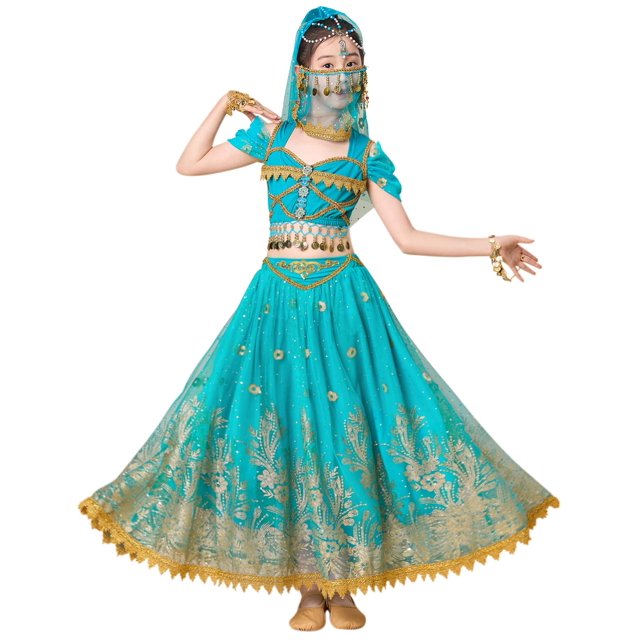 Disfraz de princesa Jasmine de ELLYDOOR para niñas, color azul Aladino, 150 cm