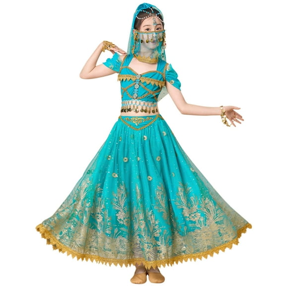 Disfraz de princesa Jasmine de ELLYDOOR para niñas, color azul Aladino, 150 cm