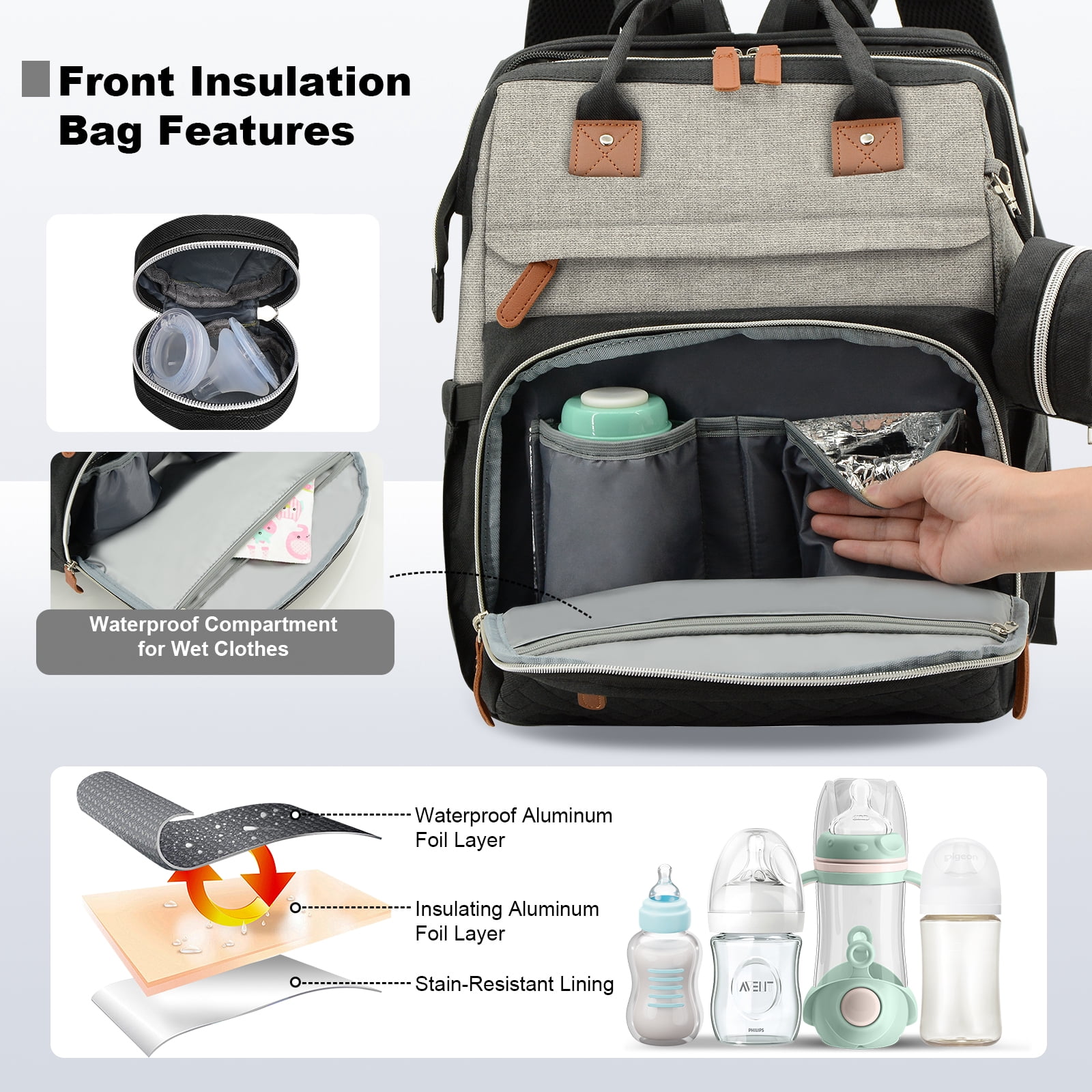 Diaper Bag Backpack for Mom and Dad – Large Capacity Baby Bag w/ USB Port – Waterproof Travel Backpack for Baby Essentials, Stylish Gray/Black