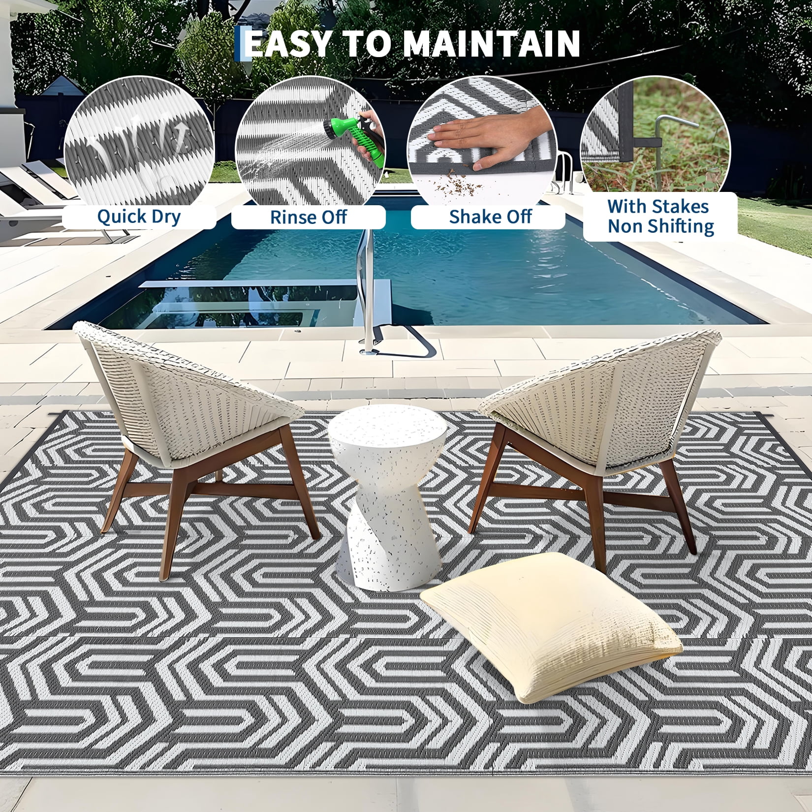 Garvee Waterproof Outdoor Rug 8x10ft Reversible Patio Rug, Plastic Straw Rug RV Camping Rug for Deck Balcony Porch Picnic Backyard, Gray White