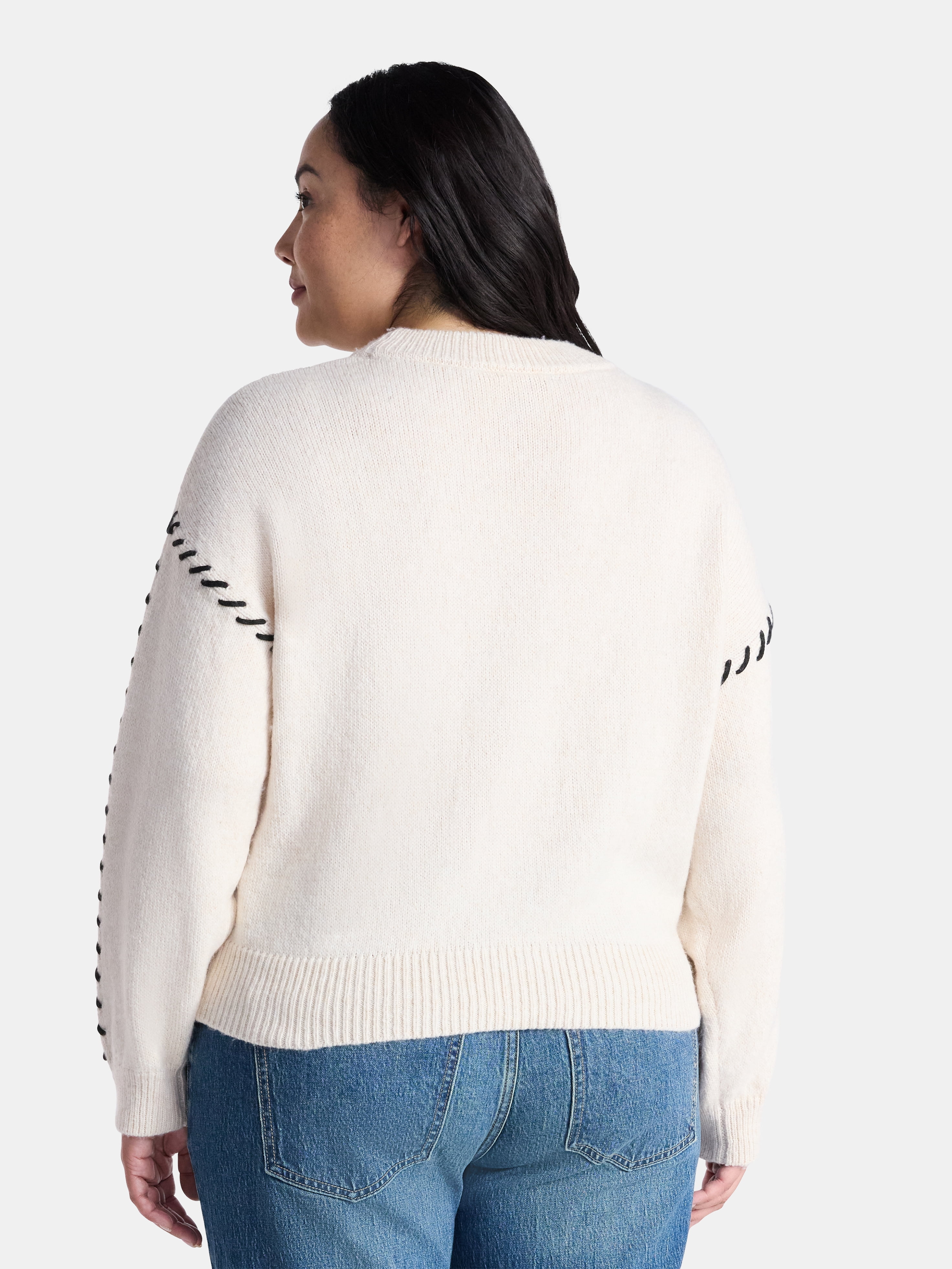 Terra & Sky Women's Plus Cropped Whipstitch Trim Sweater, Lightweight, Sizes 0X-5X