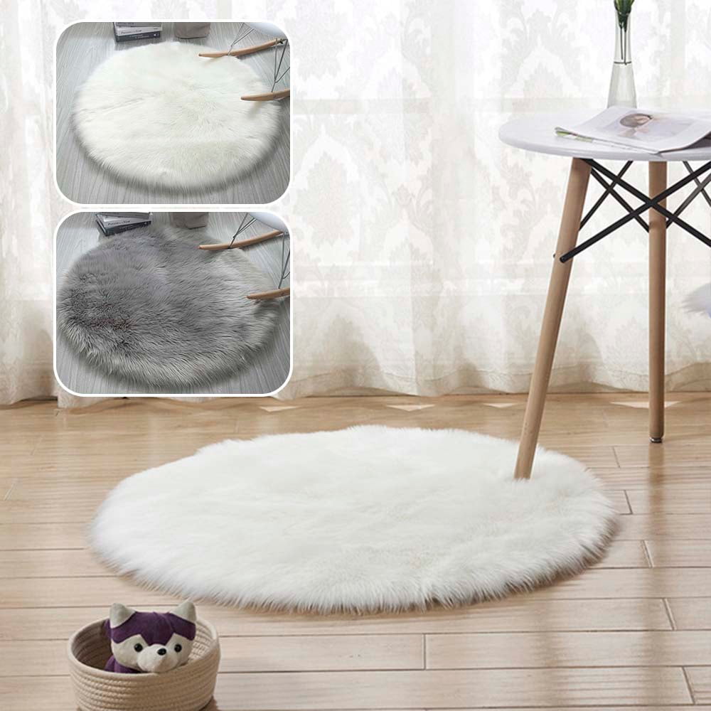 Round 30cm Sheepskin Carpet Faux Mat Fur Plain Fluffy Soft Small Area Rug 