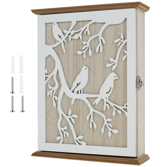 Wood Key Cabinet for Hanging Keys Wall Mount Wood Key Box Holder With Back Hook Tree Bird Pattern Hanging Wood Wall Key Box for Home Office Entrance Hallway