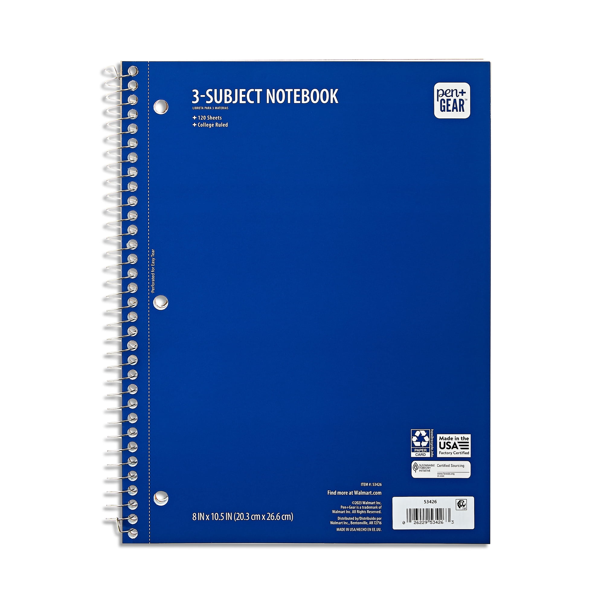 Pen+Gear College Ruled 3-Subject Spiral Notebook, Blue, 10.5 in x 8 in, 120 Sheets
