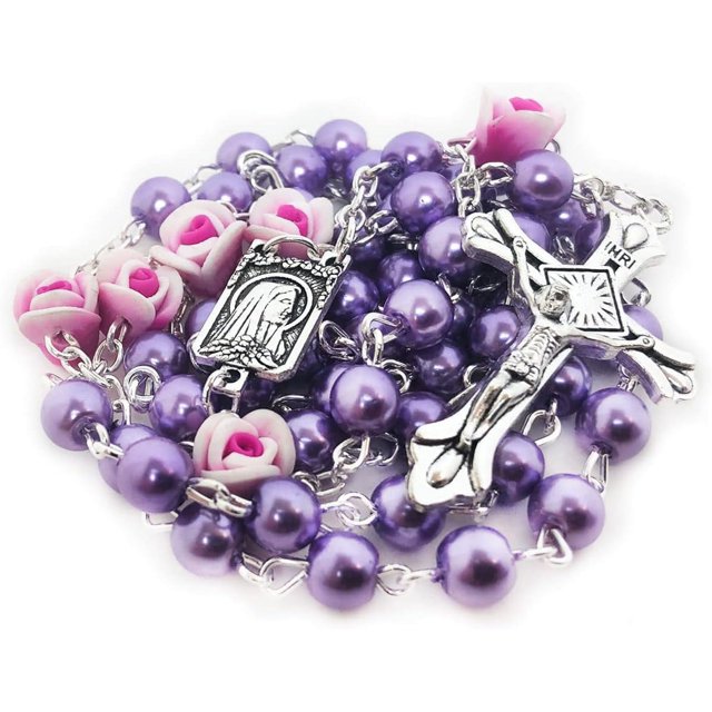 Perles de Rosaire Lavande pour Femmes - Collier Cadeau Catholique, Acrylique, Acrylique