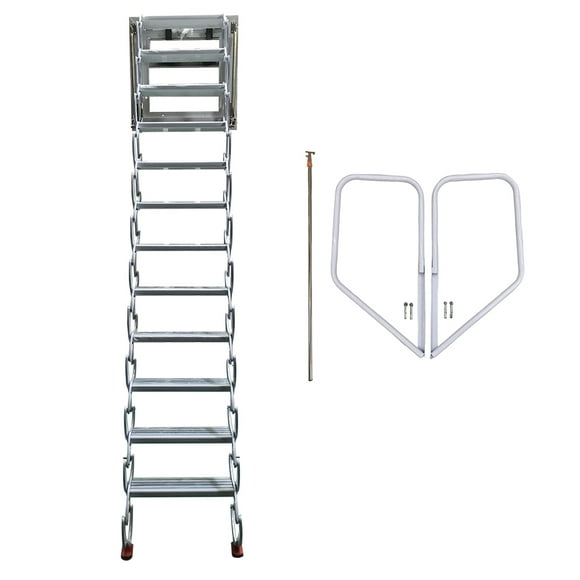 9.8ft Wall Mounted Loft Wall Ladder Stairs Folding Ladder with 12 Steps Al-Mg Alloy 500lbs Capacity White