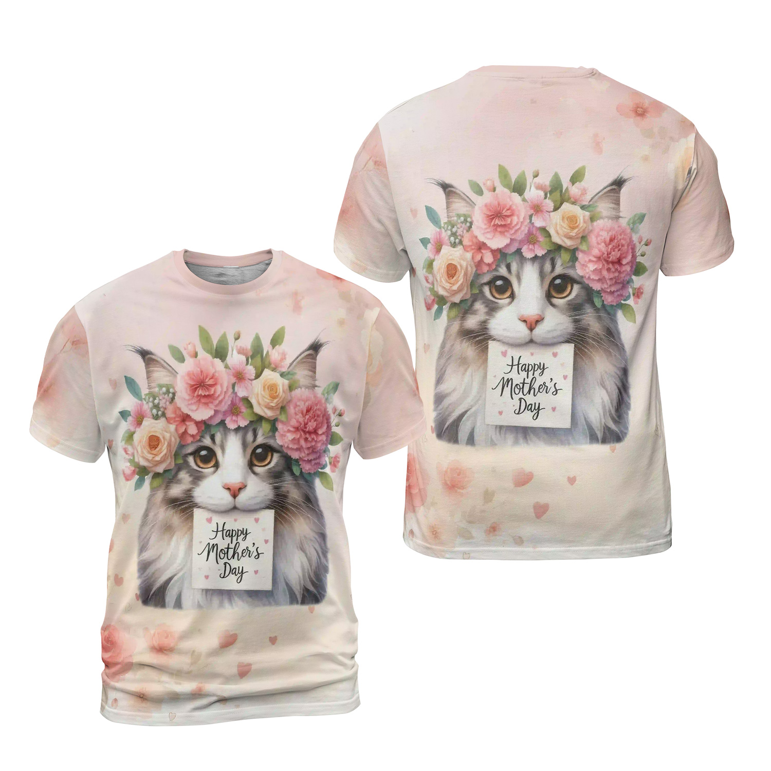 Happy Mother's Day Maine Coon with Flower Crown and Greeting Card All Over Print 3D Shirt Unisex Merch Cat Lover Kitten Owner Gifts - 13004