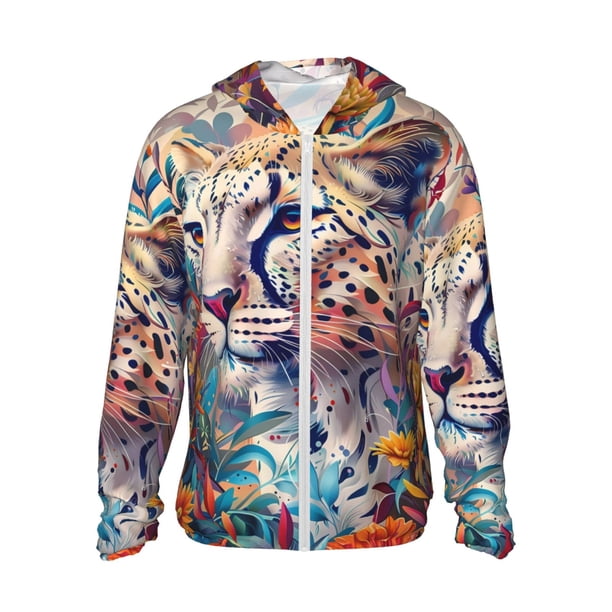 Balery Vibrant Leopard In Flowers Sudadera ligera de manga larga con capucha y protección solar UPF 50+ para hombre y mujer, ideal para pesca y running-3X-Large