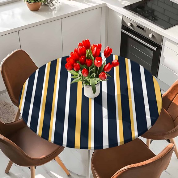 Navy Blue Stripes Elastic Fitted Round Tablecloth Yellow Striped Lines Waterproof Outdoor Table Cover for Holiday Party, Picnic, Patio & Dining Fits Tables Up to 36"-44"