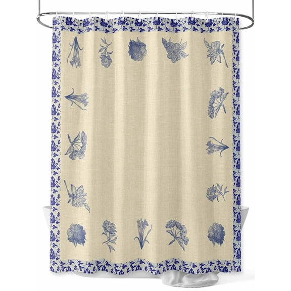 Boanket Polyester Fabric Chinese Blue Porcelain Painting Shower Curtain, Floral Swirls Linen Printed Waterproof Bathtub Curtain Bathroom Decor Set with Hooks 72 x 72 Inches,