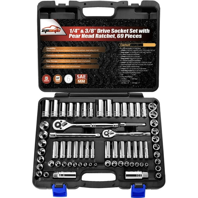 EPAuto 1/4-Inch & 3/8-Inch Drive Socket Set with Pear Head Ratchet Mechanic Tools, Chrome, 69 Pieces