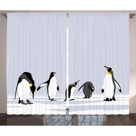 Animal Curtains 2 Panels Set, Penguins on Polar Icy Land Winter Climate Arctic Cold Season Creatures Print, Window Drapes for Living Room Bedroom, 108W X 108L Inches, Lilac Grey White, by