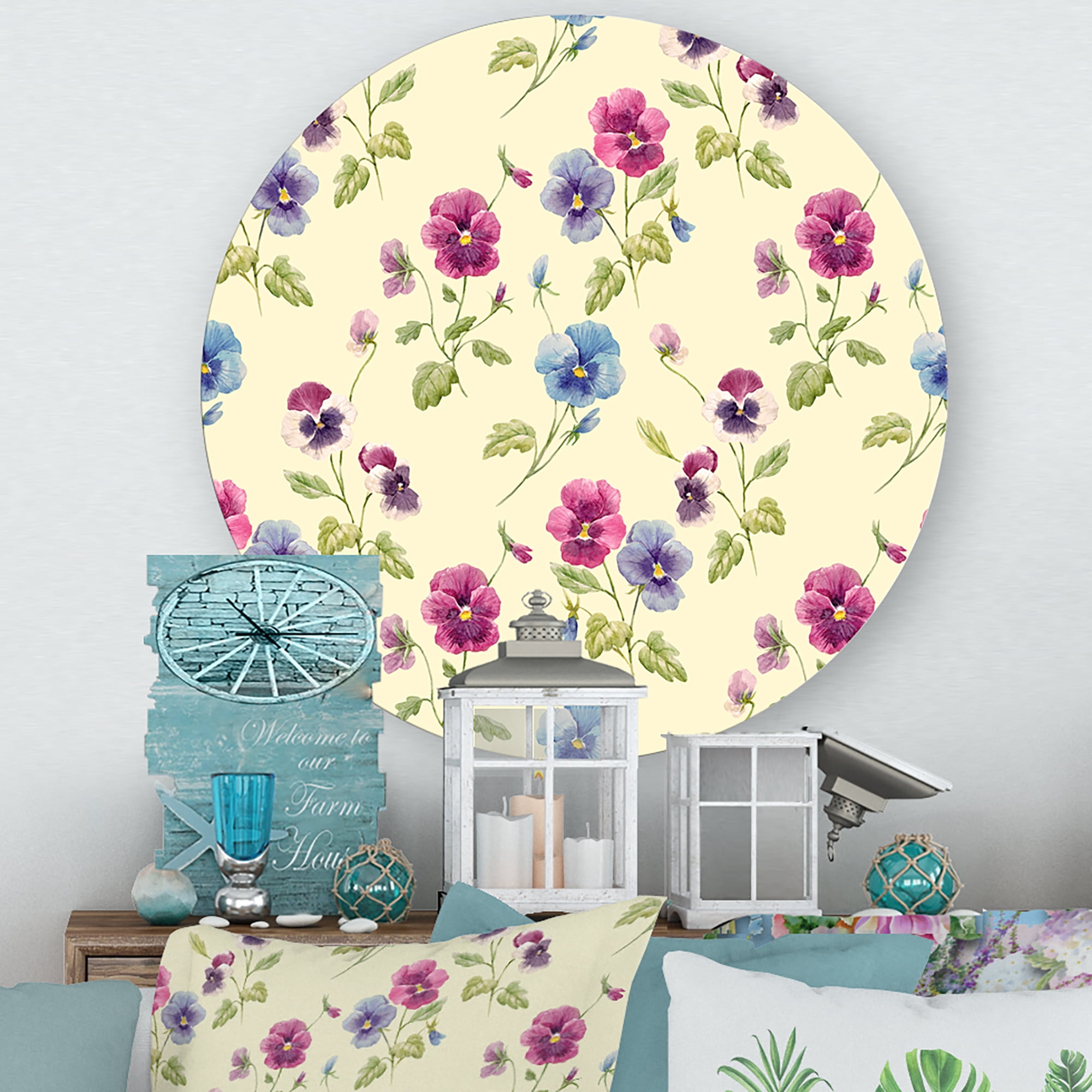 Designart 'Blue and Pink Pansy Flowers I' Traditional Circle Metal Wall Art 11x11 - Disc of 11