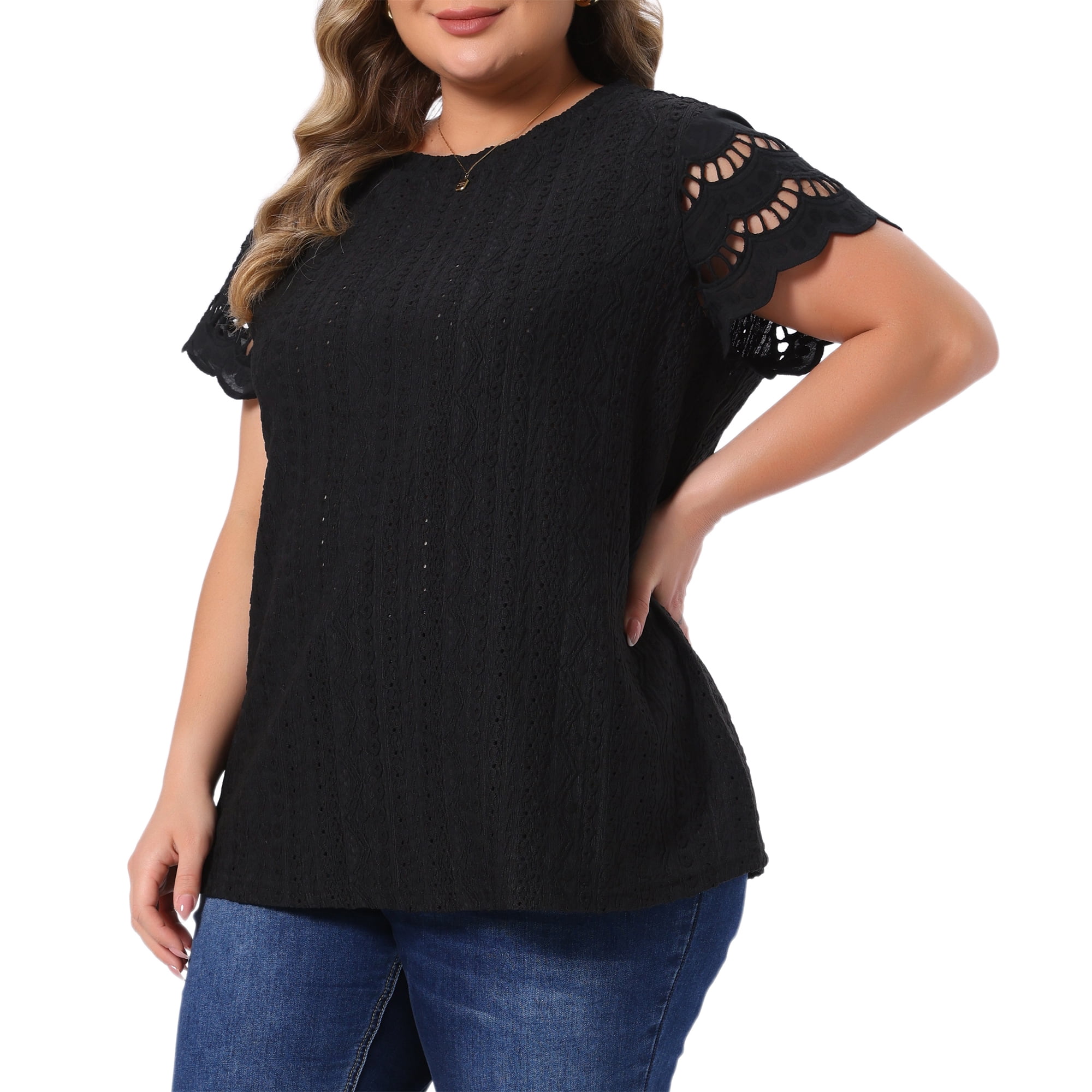 DARING DIVA Women's Plus Casual Lace Panel Hollow Dressy Eyelet Blouses 3X Black