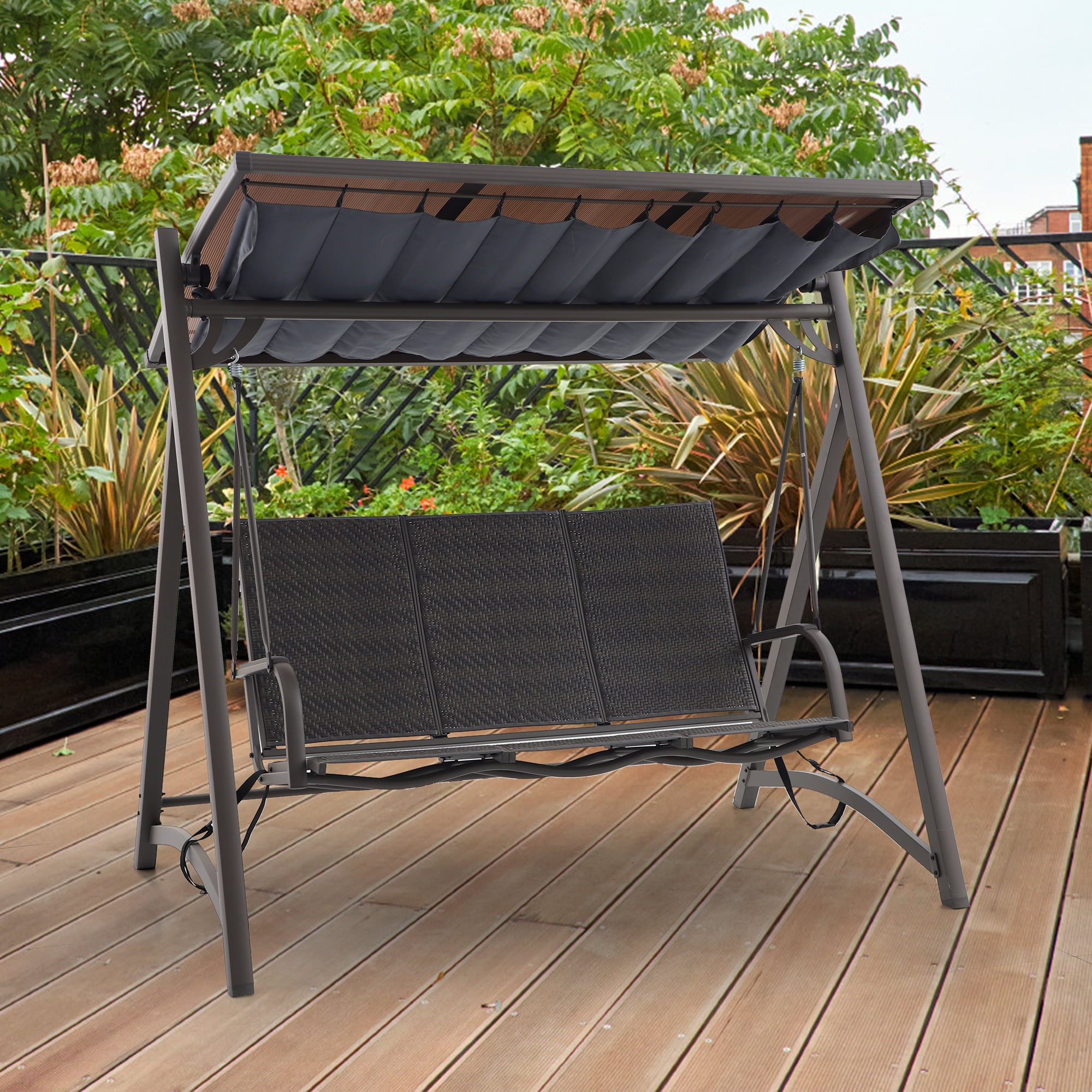 3 Person Outdoor Patio Porch Swing Chair w/ Adjustable Canopy Rocker Steel Grey 