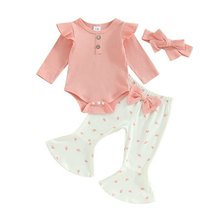 

Suealasg 3PCS Infant Baby Girl Valentine’s Day Outfits Clothes 3M 6M 12M 18M Solid Color Ribbed Long Sleeve Romper with Heart Pattern Flare Pants and Headband Toddler Girls Spring Clothing