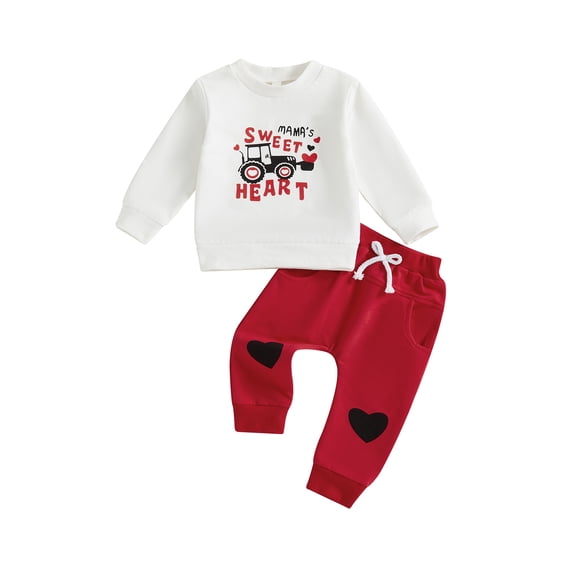 BemeyourBBs Toddler Baby Boy Valentines Outfit Tractor Letter Sweatshirt Tops and Heart Pants Set Spring Fall Winter Clothes