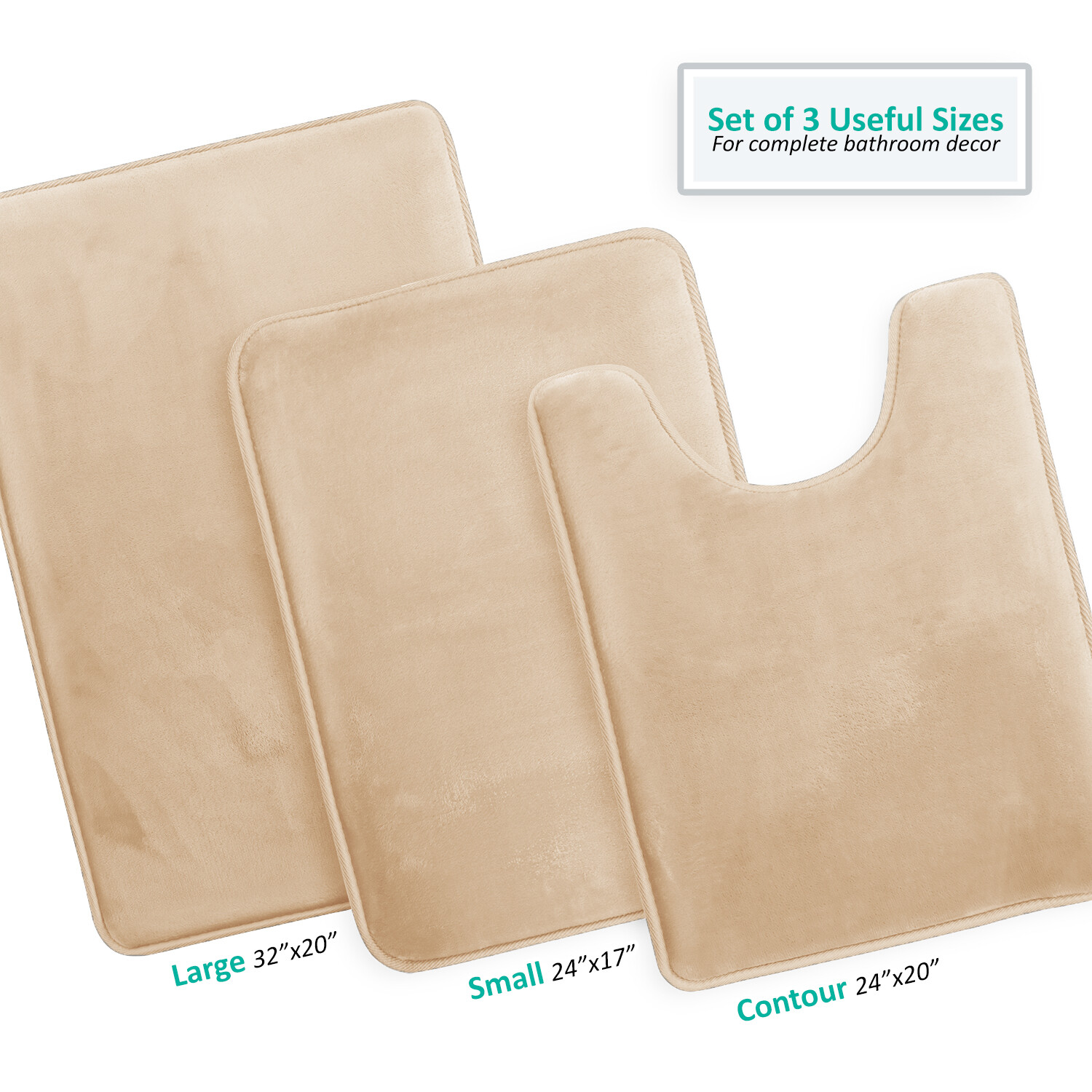 SSyao 3PC Bathroom Rug Memory Foam Bath Mat Set - Small Large and Contour Bath Rugs,Beige