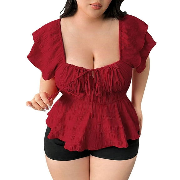 Youyipin Womens Tops Women’S Square Neck Smocked Peplum Top Ruffle Short Sleeve Babydoll Shirred Blouse Spring Tops For Women