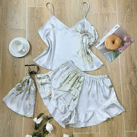 

JNGSA Women s 3 Pieces Pajama Sets Silk Satin Pj Set Sleepwear V-Neck Loungewear for Women Loose Home Nightdress Top + Shorts+Hair Rings Gray 6 Clearance