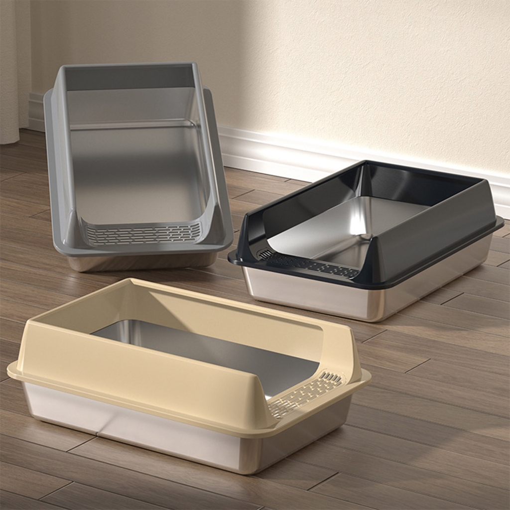 Zeiwohndc Low Entry Stainless Steel Pet Cats Litter Box Half Enclosed Litter Container