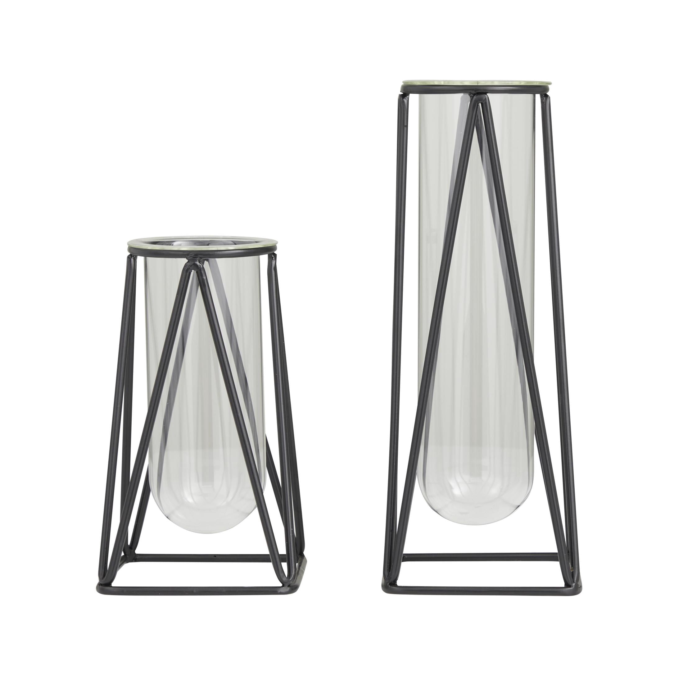 DecMode 13", 9"H Geometric Tube Black Glass Vase with Metal Stand, Set of 2
