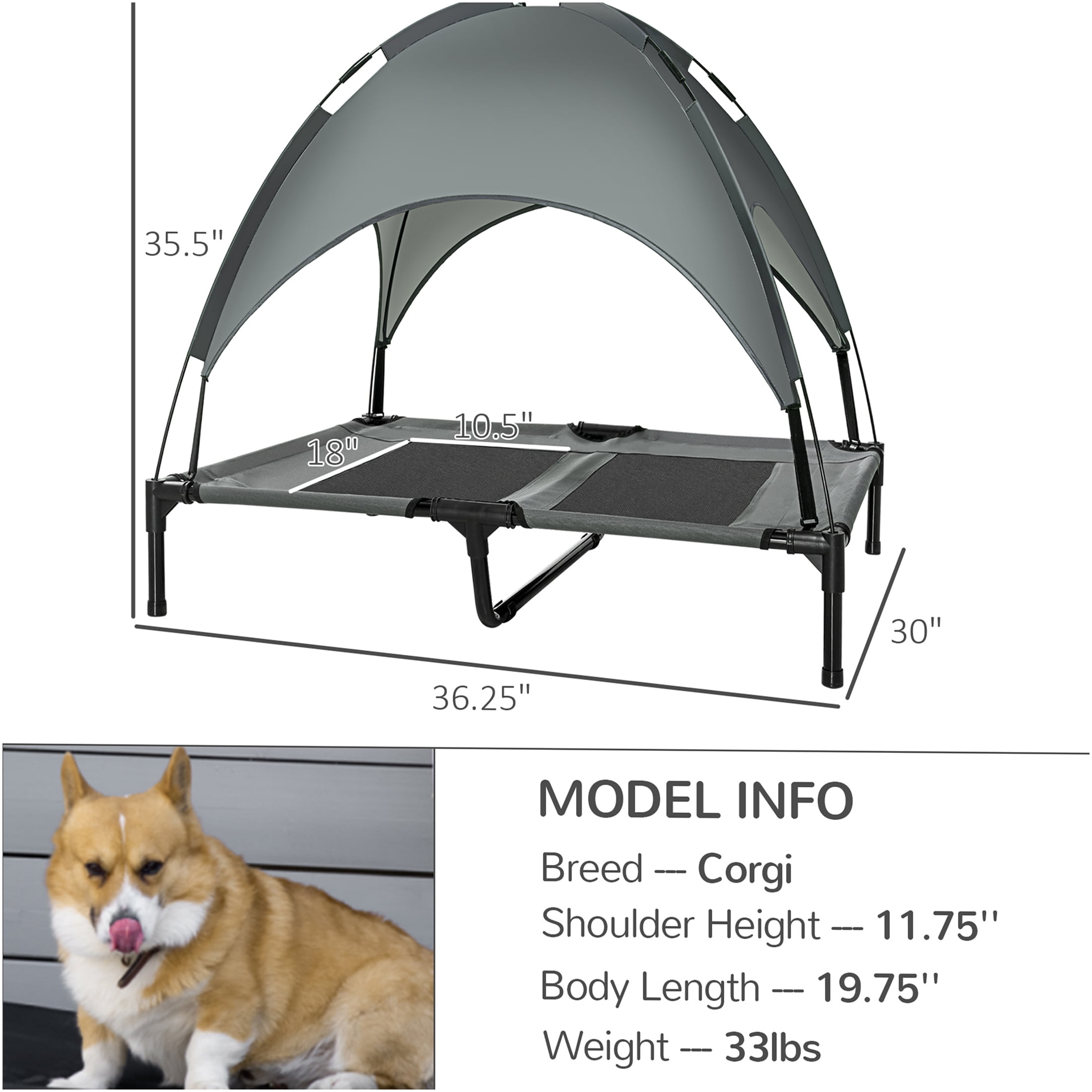 JERFIT 36" Elevated Dog Bed with Canopy, Portable Outdoor Pet Cot, Cooling Raised Mesh Bed for Large Dogs, UV Shade, Gray