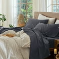 thumbnail image 3 of MooMee 100% Washed Cotton Sheet Set King Linen Like Textured Breathable Durable Soft Comfy 4pcs (Solid Deep Grey), 3 of 6