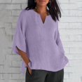 thumbnail image 6 of SDNall Women'S Cotton and Linen T-Shirt Fashion Summer V Neck Leisure Three-Quarter Sleeve Solid Tops Cotton Linen Tops for Women (Purple, Sizes XXXL-XXXXXL), 6 of 9