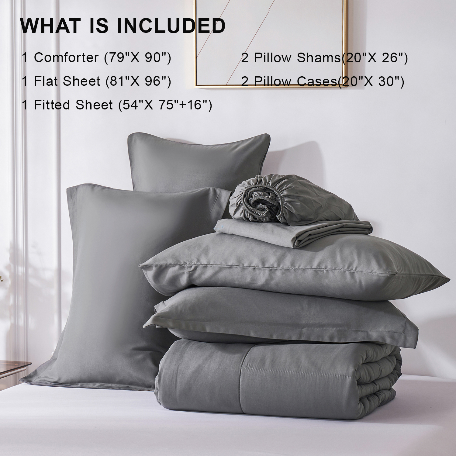 Flymme Full Bed Sets 7 Pieces Dark Grey Comforter Sets with Sheets Modern Soft Microfiber Quilted Warm Complete Bedding for Bedroom Decor