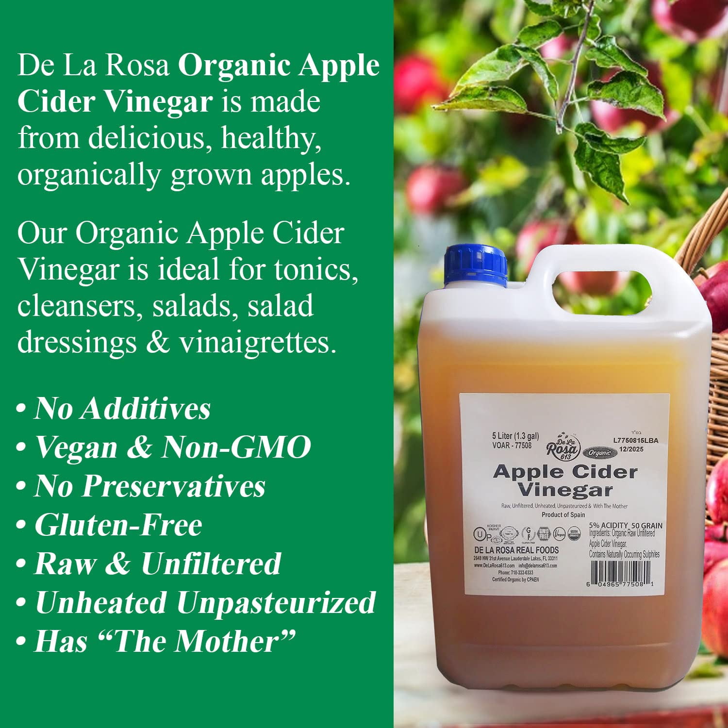 De La Rosa 613 ORGANIC Apple Cider Raw & Unfiltered Vinegar,, 5Liter