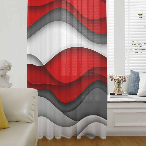 Red Grey Ombre Semi Sheer Curtains Drapes for Living Room, Bedroom, French Doors Window 84 Inches Long, Abstract Modern Moire Art Geometric Rod Pocket Chiffon Curtain Drapery Voile Draperies Panel