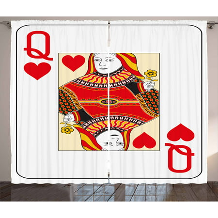 Queen Curtains 2 Panels Set, Queen of Hearts Playing Card Casino Decor Gambling Game Poker Blackjack Deck, Window Drapes for Living Room Bedroom, 108W X 84L Inches, Red Yellow White, by