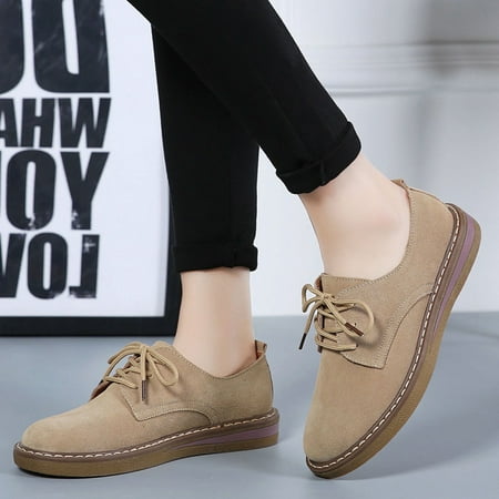 Womens Flats Suede Shoes Ladies Oxford Lace Up Casual Brogue Low